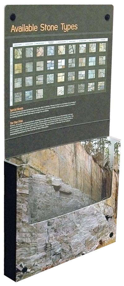 The Champlain Stone “Sales Box” is an upscale, stunning package was designed by Kayla Herlihy of Champlain Stone’s in-house design department, and has been crafted to hold a number of brochures, including the firm’s Stone Product Guide. It functions as an identity package for architects and designers.