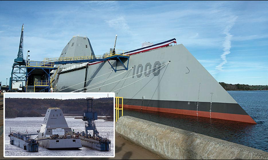 In a October 31, 2013 file photo, the Navy’s stealthy Zumwalt destroyer is moored at Bath Iron Works, in Bath, Maine. The skipper of the technology-laden Zumwalt is Capt. James Kirk, and his futuristic-looking vessel sports cutting-edge technology, new propulsion and powerful armaments, but this ship isn’t the Starship Enterprise. The technology-laden Zumwalt taking shape at Maine’s Bath Iron Works is unlike any other U.S. warship. Photo: Robert F. Bukaty, AP 