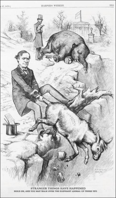 The first appearance of the Democrat Donkey occured in Harper’s Weekly, Nov. 7, 1874.  Headline: Stranger Things Have Happened. Caption: “Hold on, and you may walk over the sluggish animal up there yet.” The GOP Elephant as a symbol long predates the Donkey. But from the beginning, American political parties have had a tarnished reputation. In his 1796 Farewell Address to the nation, George Washington warned against “the baneful effects of the spirit of party” as inciting American citizens “with ill-founded jealousies.” These negative attitudes toward parties are rooted in the roles that they haved played in American politics.