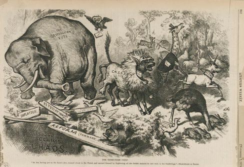 The political animals make another appearance, also in Harper’s Weekly.  Headline: Third Term Panic: Caption : “An ass, having put on the lion’s skin, turned about in the forest, and amused himself by frightening all the foolish animals he met in his wanderings.”  –Shakespeare  The Thomas Nast Illustration shows a braying ass in a lion’s coat and “N.Y. Herald” collar frightening animals in the forest. A giraffe (N. Y. Tribune), a unicorn (N.Y. Times), and an owl (New York World) represent newspapers and an ostrich with it’s head buried represents “Temperence.” An elelphant, “The Republican Party,” stands near broken planks (Inflation, Repudiation, Home Rule, and Re-construction) over a pit labeled “Southern Claimes. Chaos. Rum.” A fox (Democratic Party) has it’s forepaws on the plank “Reform. (Tammany. K.K.)” The title refers to U.S. Grant’s possible bid for a third presidential term which was criticized by N.Y. Herald owner and editor James Gordon Bennett, Jr.