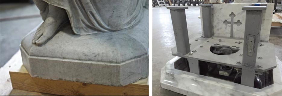 Above, Left: The chips on the base of the sculpture were especially noticeable, but fixable. Above, Right: We engineered and manufactured the new base so that it “floats” on casters, along with a brake to keep it from rolling once in place.