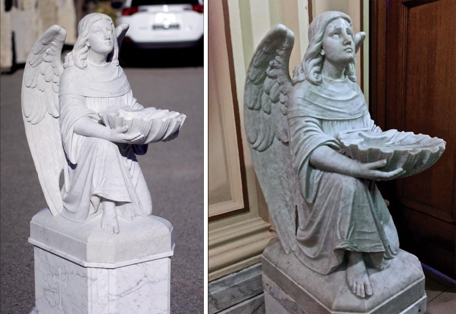 Above, Left: : the completed restoration, including the new, reinforced, floating base. Above, Right: Before restoration, showing the dramatic difference with the original, brilliant white Carrara revealed.