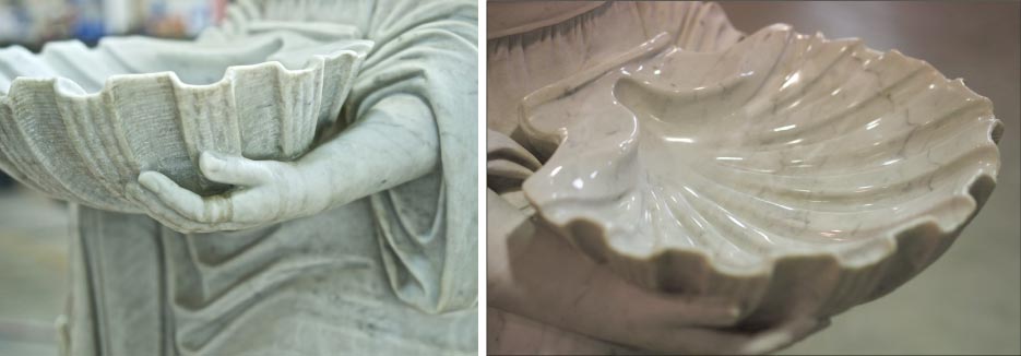 Above, Left: Before restoration Above, Right: The clam-shaped bowl was completely re-sculpted, to the exact proportions of the original, including sourced Carrara marble.