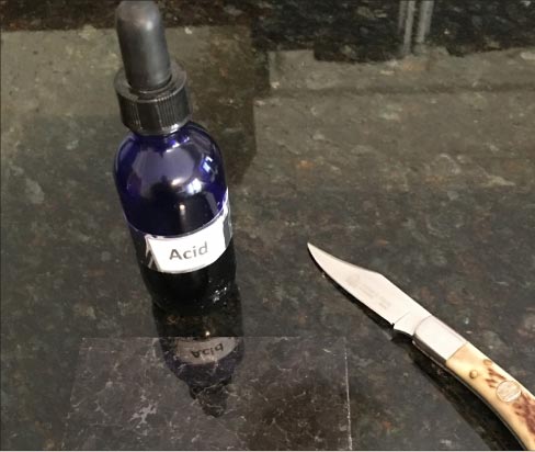 Tools used for the scratch and acid test for granite or marble are the same:  a small pocket knife, and muriatic or hydrochloric acid. Always test in an inconspicuous area.