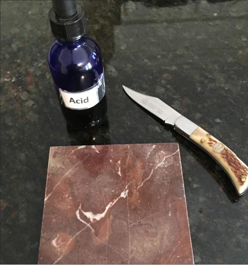 Tools used for the scratch and acid test for granite or marble are the same:  a small pocket knife, and muriatic or hydrochloric acid. Always test in an inconspicuous area.