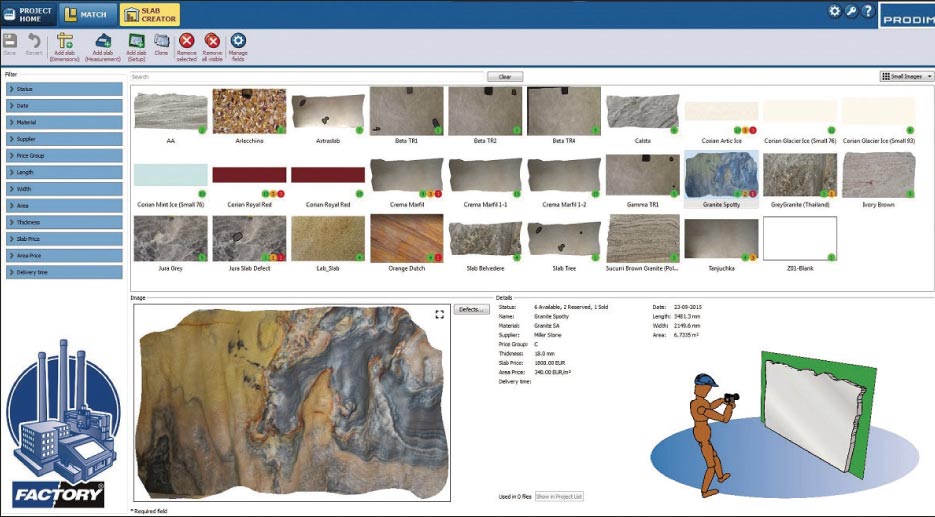 Screen shot of Prodim Factory software, showing a collection of actual slab photos that have been added to the software’s digital warehouse. This innovation allows fabricators to present choices to customers about matching seams and patterns from their in-stock slabs, quickly offer quotes, and also maximize the use of slabs.