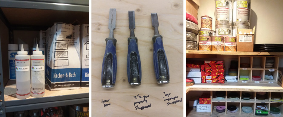 Reduce waste on your most basic supplies and you will save more than you think. Perform maintenance on your tools and they will not only work better, they’ll last longer. Chisels, from left: I year, new; 4-1/2 years, properly sharpened; 2 years, improperly maintained.