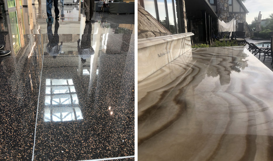   Above, Left: Specializing in commercial terrazzo polishing means occasional chemical stripping and grinding, and also working off-hours when the facility is closed.  Above, Right: Outdoor countertops are generally for higher-end installations. Most owners are willing to spend proportionally for upkeep, like this stunning Onyx top.