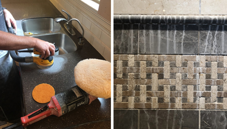 Above, left: Corian restoration is another niche specialty in demand.   Above, Right: Stone and tile showers have become very popular, and that also means a variety of soap and chemical build-up problems. The misuse of CLR or acidic cleaning products on stone is so common a problem you could specialize in it.