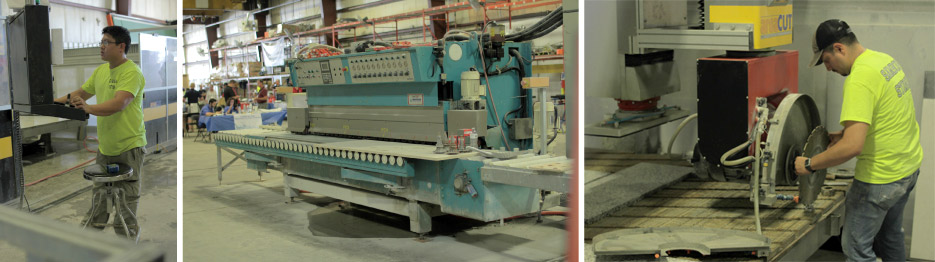 Above, left: Ryan Navarrete programs  one of their OMAG Area Cut CNC saws. Above, right: Luis Gutierrez changes blades to suit the material on their second OMAG saw. Sambor Stone runs two Area Cuts and three Montresor edge polishers to keep up with their commercial and residential work.