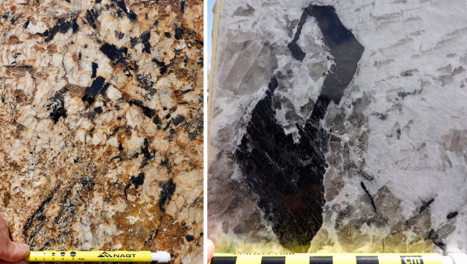 Above, left: Amphibole showing off its characteristic black rectangles. The white is feldspar, and the copper color is quartz. The small flecks of black just above the left side of the pencil are black mica. This stone is called Sedna. Above, right: Don’t ask me to explain how this piece of amphibole got this interesting shape. But it sure is cool! The slab is Alaska White.