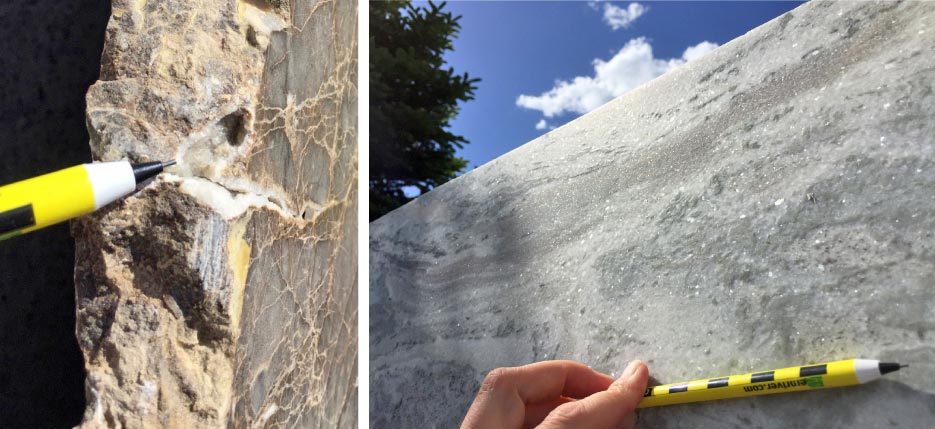 Above, left: Calcite fills in pore spaces in this limestone. On the edge of this slab is a small, crystal-lined pocket.  Above, right: Calcite crystals reflect light off of their flat planes. Leathered Fantasy Brown. 