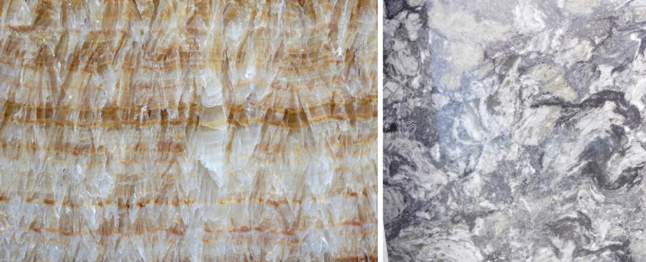 Calcite can look similar to quartz because it’s translucent, but quartz is glassy while calcite has a softer, satiny luster. But a quick hardness test will sort it out definitively.  Above, left: A spectacular slab of onyx.  Above, right: This is not natural stone – it’s a slab of engineered quartz. One of the clues to identifying manmade quartz, and the reason why we say it does not look “natural” is because the “crystals” are all blob-shaped and have the same luster as the rest of the surface. The recognizable rectangles of feldspar and the glassiness of real quartz are absent.