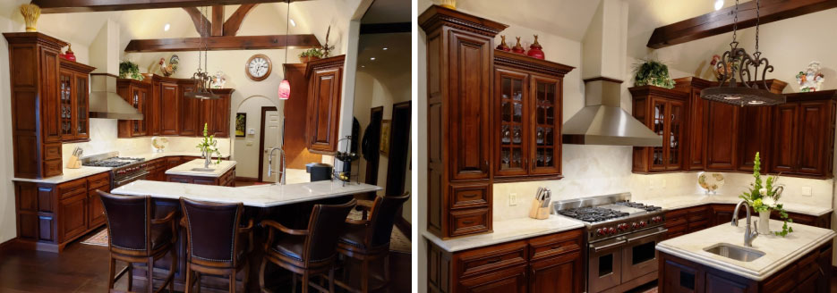 This stunning transformation by Solid Surface Designs features 3cm Taj Mahal Quartzite with an ogee edge on perimeter and upper bar surfaces,  and a 6cm stacked lamination ogee over bullnose on the center island. Solid Surface Designs’  transformation lightens up the whole room and makes the kitchen a more  comfortable space to  cook and entertain.