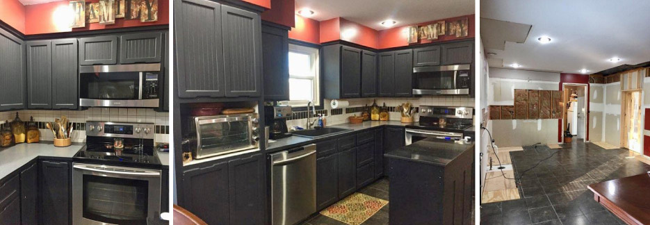 This kitchen transformation involved a complete tear-out, replacing Formica tops with a Fleuri-cut Phenix limestone perimeter and Napoleon cut limestone backsplash, giving this transformation a unique, completely new look. Above, right: a bare canvas before the complete transformation.