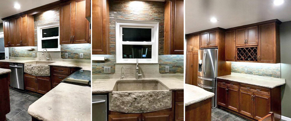 The front of this new custom farm sink features numerous brachiopod fossils. The apron was hand chiseled to expose the fossils in 3D – making this transformation truly a one-of-a-kind kitchen.