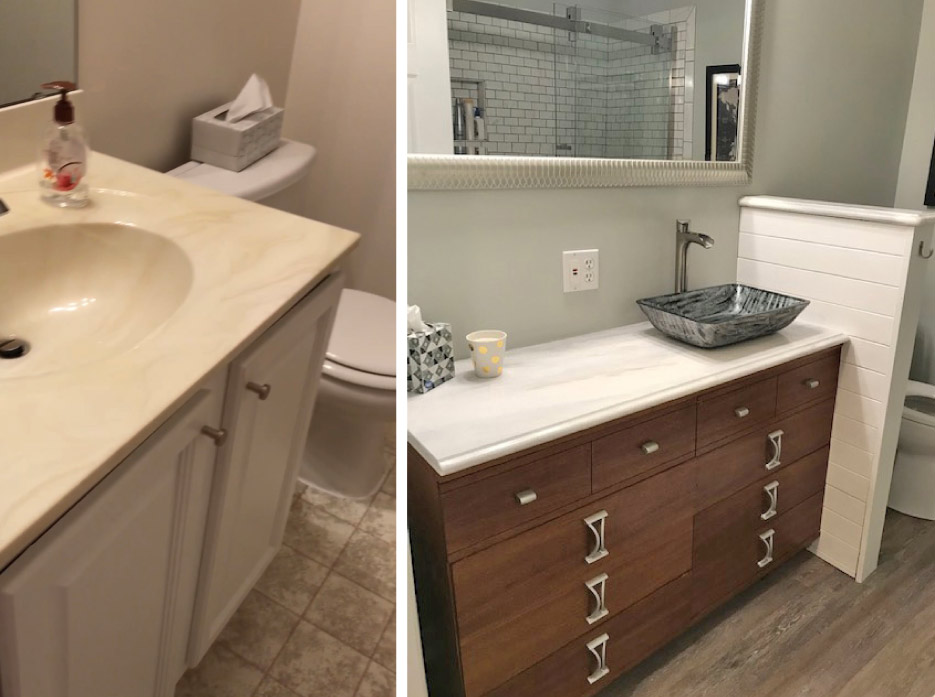 Bath and vanity transformation can be done on a budget: this DIY project replaced a cultured marble vanity top with real marble (3cm Arabescus White) from a remnant stack, with a vessel sink, dresser and pony wall for a completely new look.