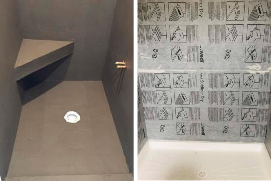 left: A properly-installed liquid membrane and   right: a properly-installed sheet membrane showing  a wide margin of overlap. 