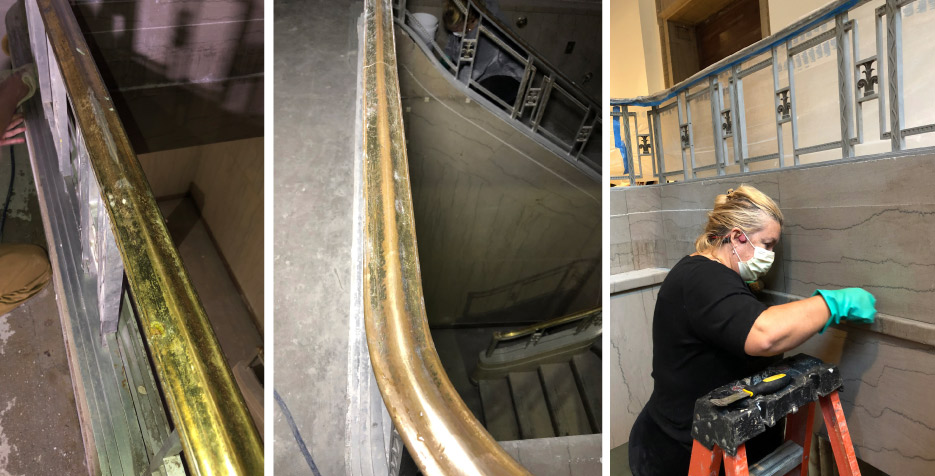  Left: Cleaning the aluminum balustrade and brass handrail.  Middle: This closeup shows the damaged coating, probably a lacquer, on the brass handrail.  Right: Julie cleaning the marble stair encasement and walls. Removing the old residues from tobacco smoke revealed the hidden beauty of the Tennessee Pink walls. 