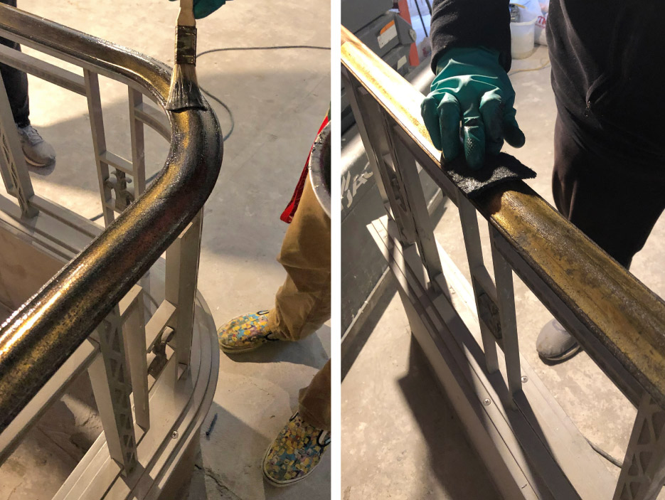 Left: Applying paint stripper to facilitate removal of old lacquer from the brass handrail.  Right: A common scrub pad was used to remove the loosened old lacquer and clean the brass handrail. A sealer was applied over the restored brass.