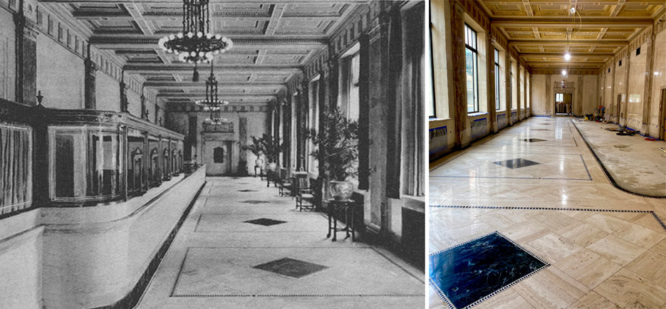 Above:  The ornate Madison Building lobby, c1929.  Right: The lobby restoration in progress, with most of the floor cleaned, polished and restored to its former beauty. Over a half-dozen decorative marbles have been identified including Black Gold, Rosso Rupa, Verde Tino and Tennessee Pink.