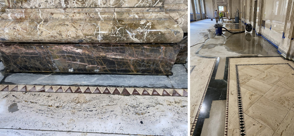 right: The Rosso Rupa marble triangles inset in the travertine floor run the perimeter of the lobby walls. left: A Rosa Valencia marble baseboard runs the perimeter of the lobby, separated from the travertine and Rosso Rupa by a band of Black Gold marble.