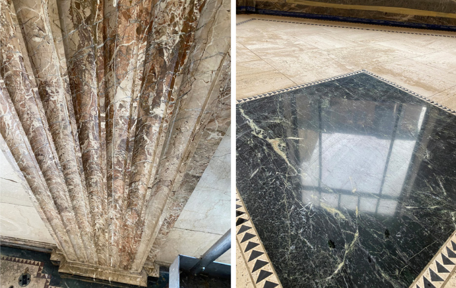 Left: The Carrara walls and Rosa Valencia columns mostly needed a thorough cleaning and polishing.  Right: Large squares of green Verde Tino marble are a beautiful detail uncovered and restored.