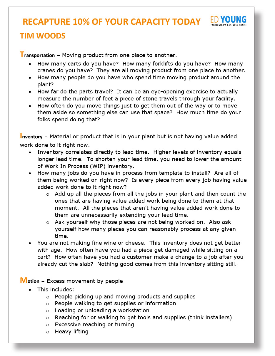 This document was developed to help you find ways to free up capacity (page 2 shown). It details eight categories of NVA activities with definitions and examples. You can use it as you walk around the plant to discover capacity you can free up.