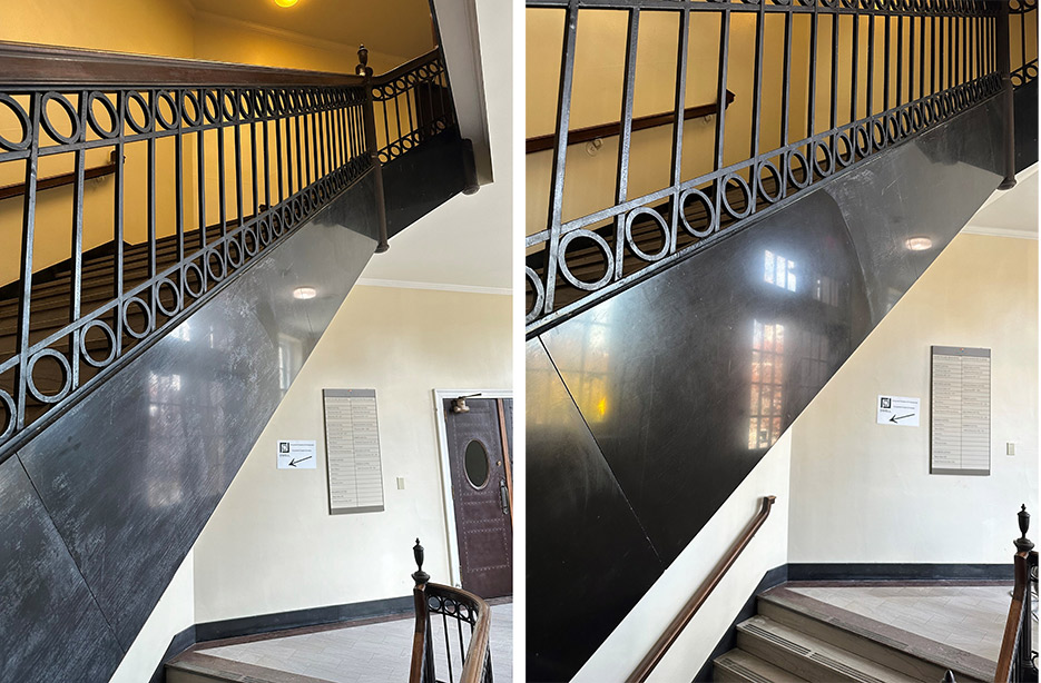 Leftt: Belgian Black stringers on the staircases had been coated with an acrylic.  Right: The coating was laboriously removed and Tenax Ager applied.