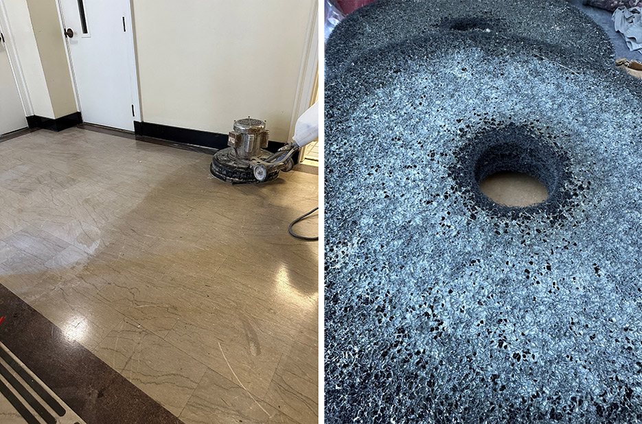 Left: The stripping process removed decades of coatings.  Right: Black floor pads blinded by the coatings removal process.