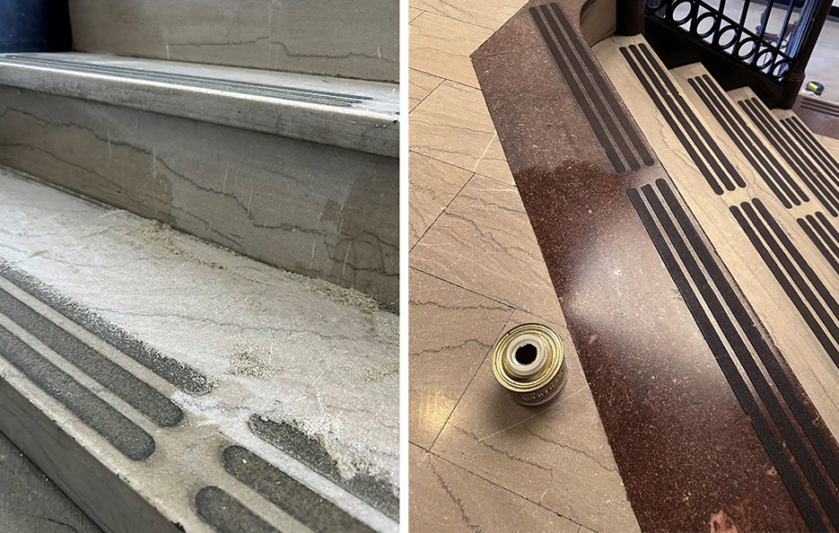 Left: Restoring the stairs involved some serious (and tedious) handwork.  Right: Tennessee Pink Marble stairs after coating removal. Tenax Ager was applied to the Dark Pink Tennessee marble to restore the deep, rich contrast.