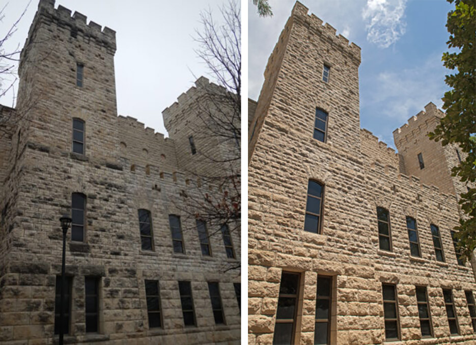 Fire gutted Kansas State University’s Nichols Hall in 1968. Adaptively reused in 1985, the 1911 building has continued to suffer accelerated deterioration of Neva and Cottonwood limestone due to the heat damage from the fire—a portion of the south façade before repair and stone replacement. Photo credit TreanorHL.