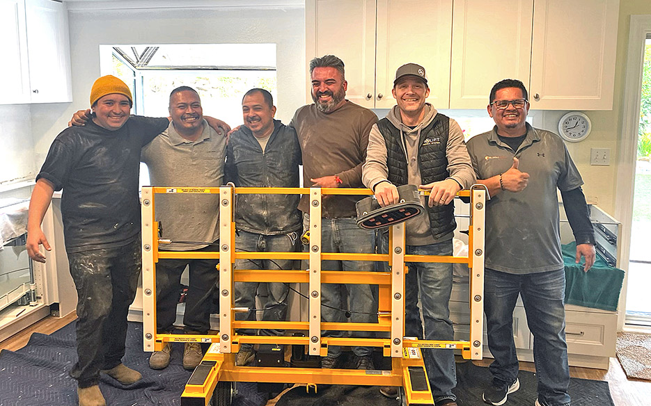 Aaron Crowley with a very happy crew at Block Tops Anaheim, CA. Nate Kolenski, owner of Block Tops is a pioneer in the stone industry, outfitting all his install crews with No Lift Systems.