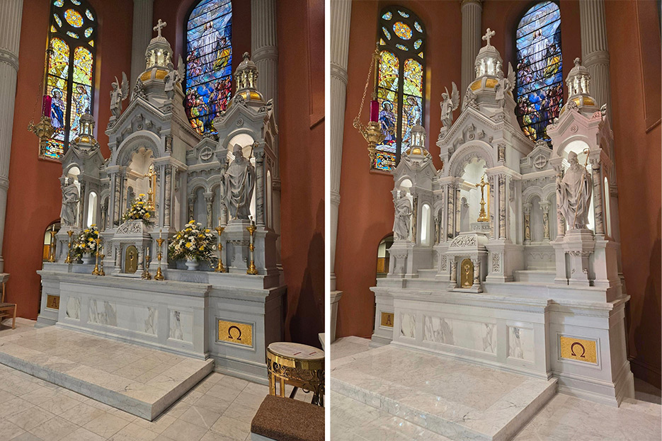 High Altar restoration and cleaning, before and after. The project required special narrow-gauge scaffolding to reach all areas.