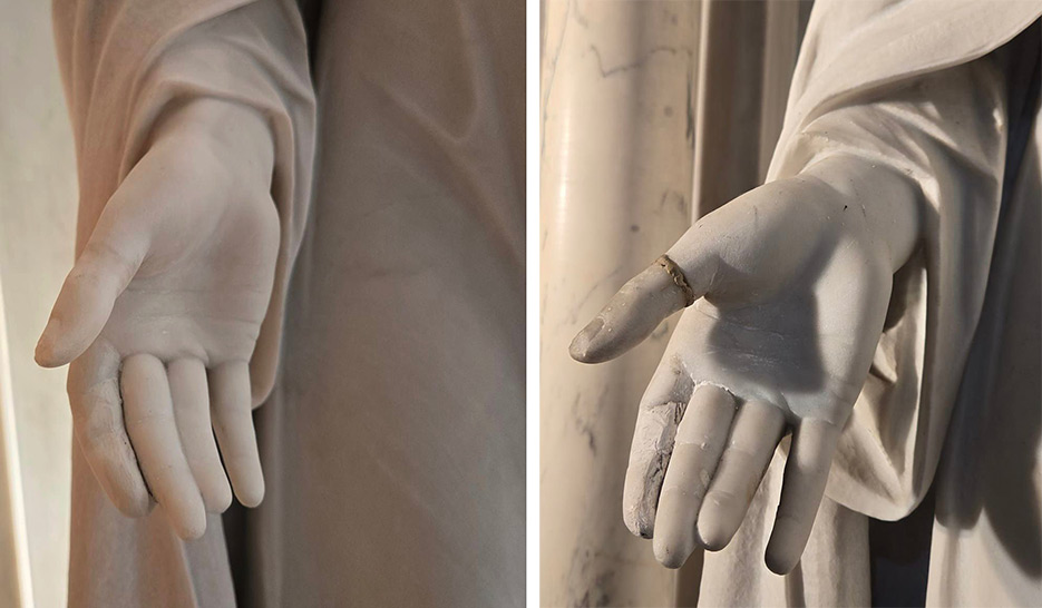 Careful restoration and thumb repair on a 150-year-old statue.