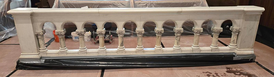 Altar rail cleaning in progress, using application of Prosoco Liquid Marble Cleaner.