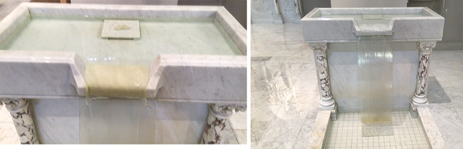 Baptimal fountain, before and after removing years of chemical residue build-up.