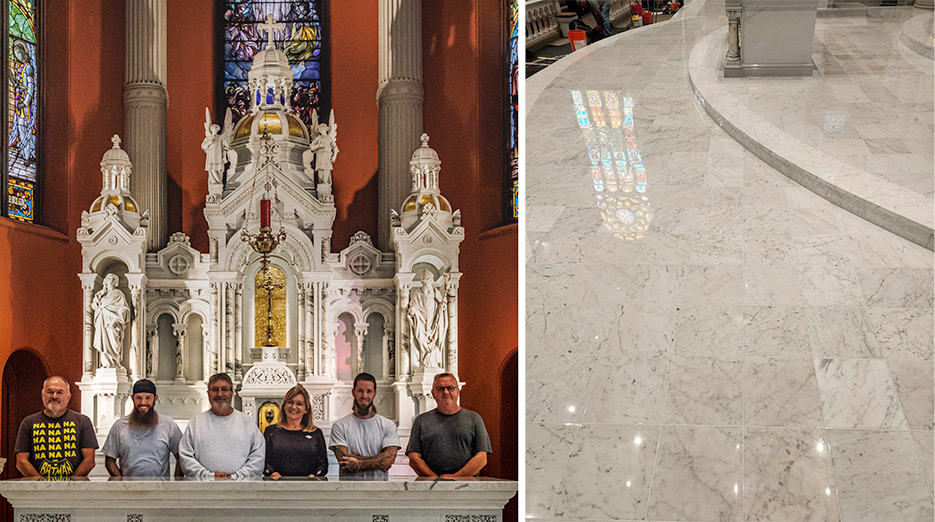 Left: The talented crew of Classic Marble & Stone Restoration.  Right: Badly scratched and worn areas of the marble floor restored like new.