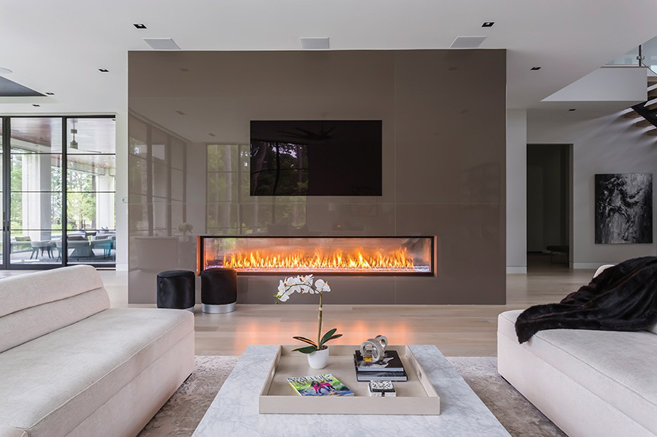 Dekton XGloss wrapped fireplace surround. 