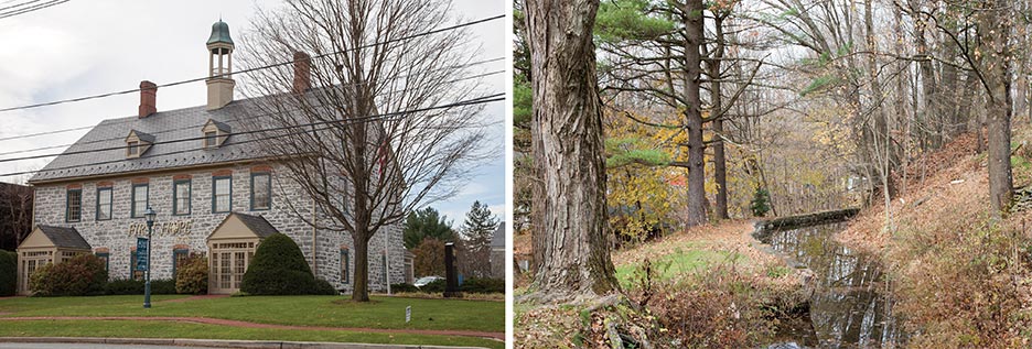 Left:Now the First Hope Bank, the original Gemeinhaus, (a combination meeting house and Church) was built in 1781. Sermons were conducted in both German and English, the two principle languages that were spoken in Hope. Right:Hand carved through slate as deep as 22 feet deep in some areas, this millrace ran an approximate 1,000 feet before reaching its mill destination. It is now a lazy stream and just a trickle of its former self when it flowed from the mill pond and dam that housed an eel trap.