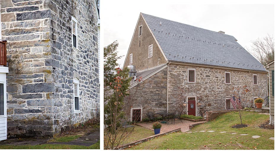 Most Moravian structures can be identified by the signature brick arches above the windows and the  cut and placement of the cornerstones. The limestone quarry was under a mile away and the limestone blocks were delivered by draft horses and wagon. Mortar was made at the kiln with a mixture of ground  limestone and locally dug clay. Most of the time it was then buried in the fall and dug up for use in the springtime.   Right: This photo shows back of the mill where the rush of water entered to power the approximate 10 RPM paddle wheel, drive mechanism and grinding stones. The (clean) water was then discharged back to nature. 