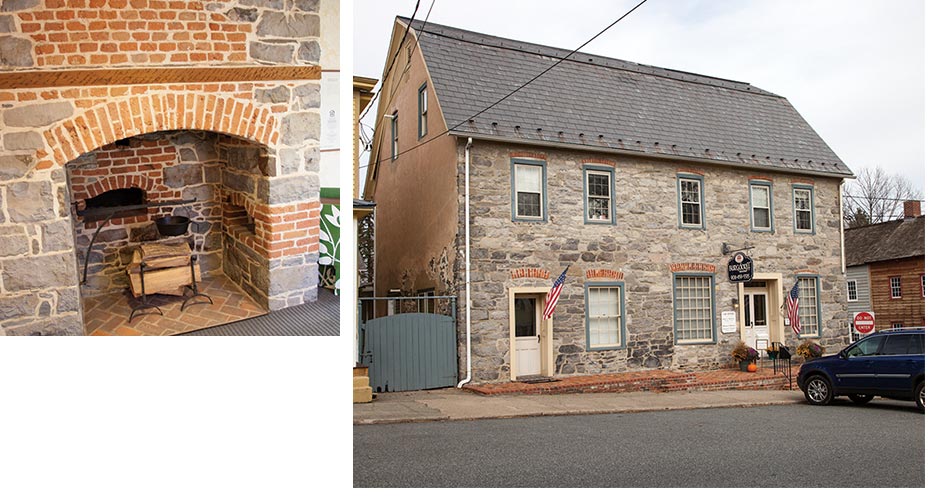 Left: This  solid and functional fireplace is the real deal and one of two cooking areas in the kitchens of the Gemeinhaus. Note the baking oven in the back. Right: Believed to have been a bridge toll house, this handsome building is currently a combination realtors and law office. 