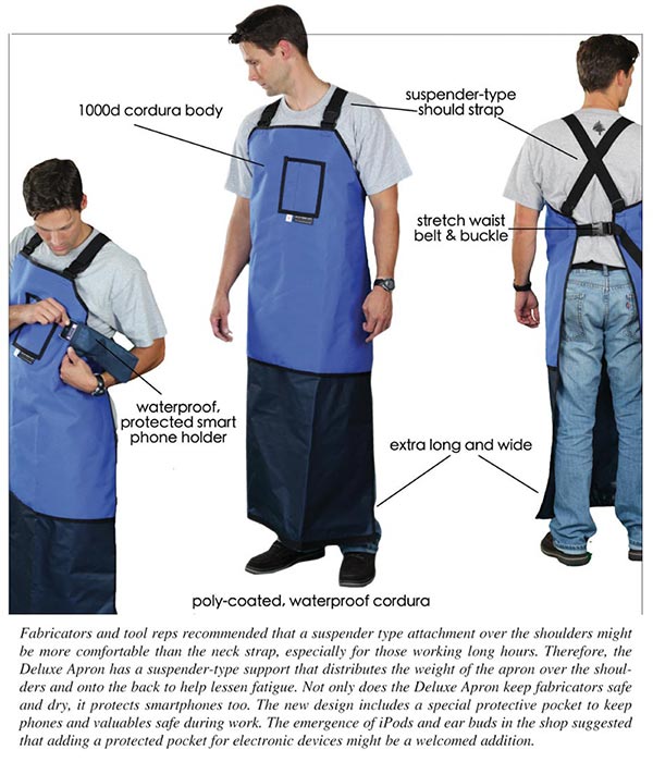 Fabricators and tool reps recommended that a suspender type attachment over the shoulders might be more comfortable than the neck strap, especially for those working long hours. Therefore, the Deluxe Apron has a suspender-type support that distributes the weight of the apron over the shoulders and onto the back to help lessen fatigue. Not only does the Deluxe Apron keep fabricators safe and dry, it protects smartphones too. The new design includes a special protective pocket to keep phones and valuables safe during work. The emergence of iPods and ear buds in the shop suggested that adding a protected pocket for electronic devices might be a welcomed addition.