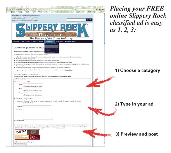 Placing your FREE Ad in the Slippery Rock Gazette is as easy as 1-2-3