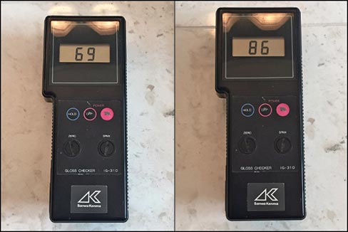 A gloss meter is an essential piece of equipment to evaluate your progress on a job, whether maintenance or restoration. Gloss meter readings before (left) and after (right) polishing.