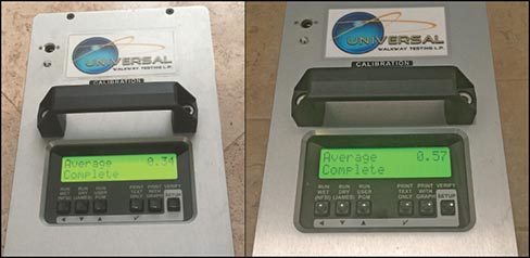 Slip coefficient measuring made simple: BOT 3000 SCOF readings – At Left, .34, and at right, exceeding the OSHA standard of .5.