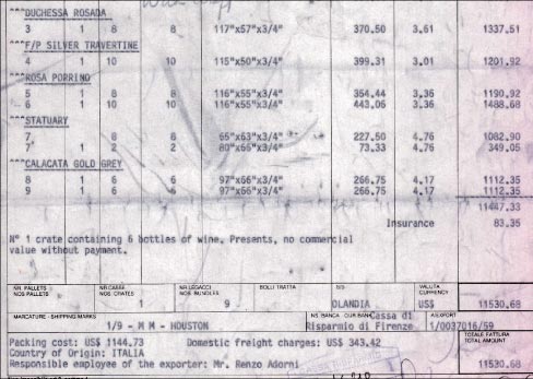 This invoice from the mid 1980s shows the actual cost of Calacatta marble slabs, F.O.B. Italy, at that time. Some Calacatta slabs now exceed $100 per square foot.