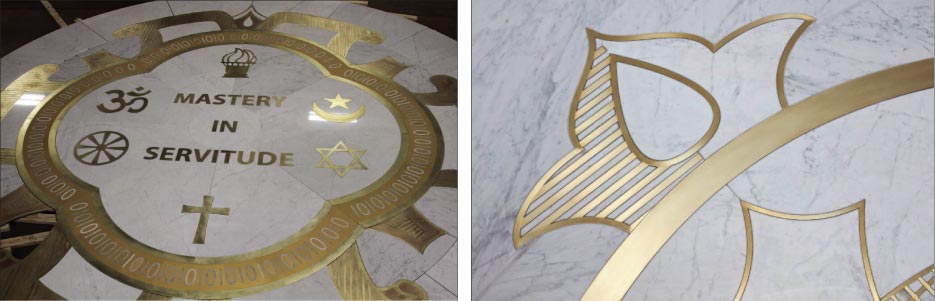 Above, Left: The 25-foot emblem in the center of the sanctuary was fabricated by Creative Edge Master Shop, made in 50 segments in their Fairfield, Iowa facility.  Above Right: The medallion inlay includes marble, brass, bronze and gold-infused ceramic tile. 