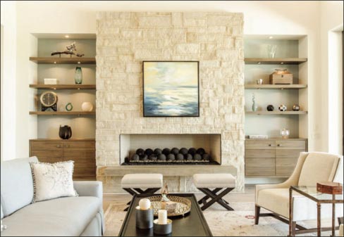 Dark Antique limestone facelift utilizes storage space on either side of the stacked stone.