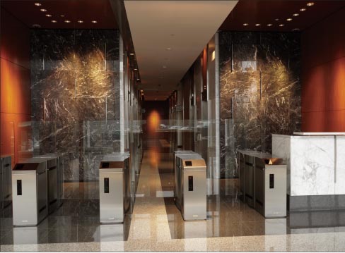 The lobby of Duke Energy in Charlotte, North Carolina, uses Grigio Carnico marble on the lobby walls and White Carrara for the security desk and elevator vestibules, and White Pearl and Impala granite flooring. There’s approximately 18,000 sq. ft. of white granite on the exterior. The Duke Energy building has earned a Platinum Leeds energy certification.